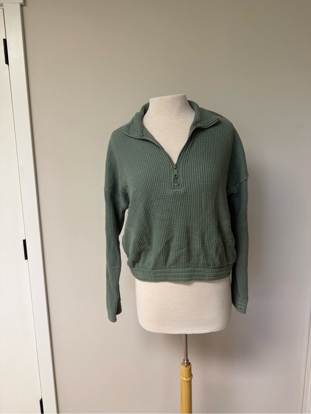 aerie Waffle Knit Half-Zip Sweater in Sage Green